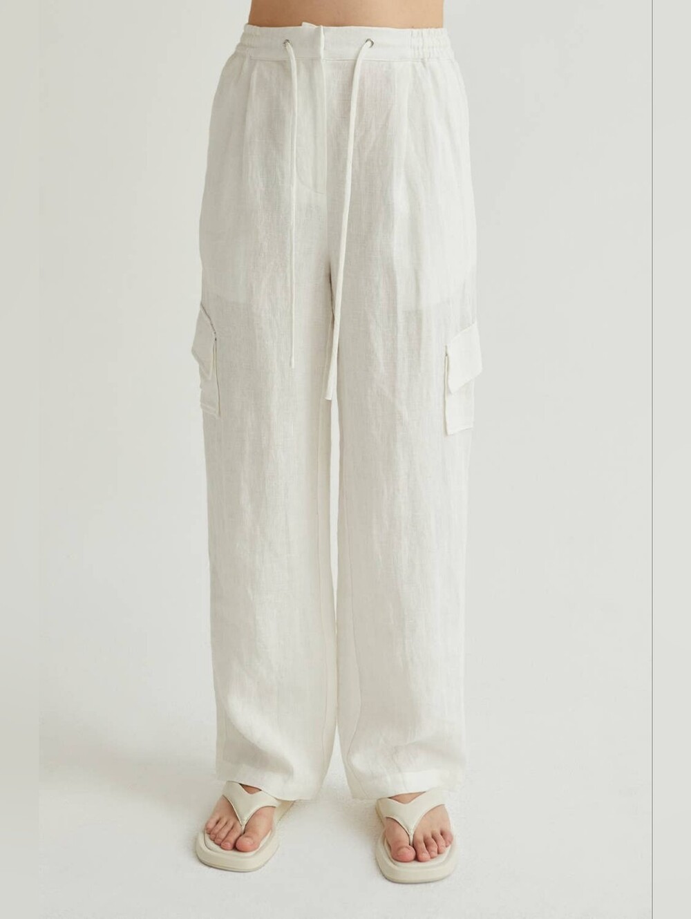 White Linen Cargo Wide-Leg Pants